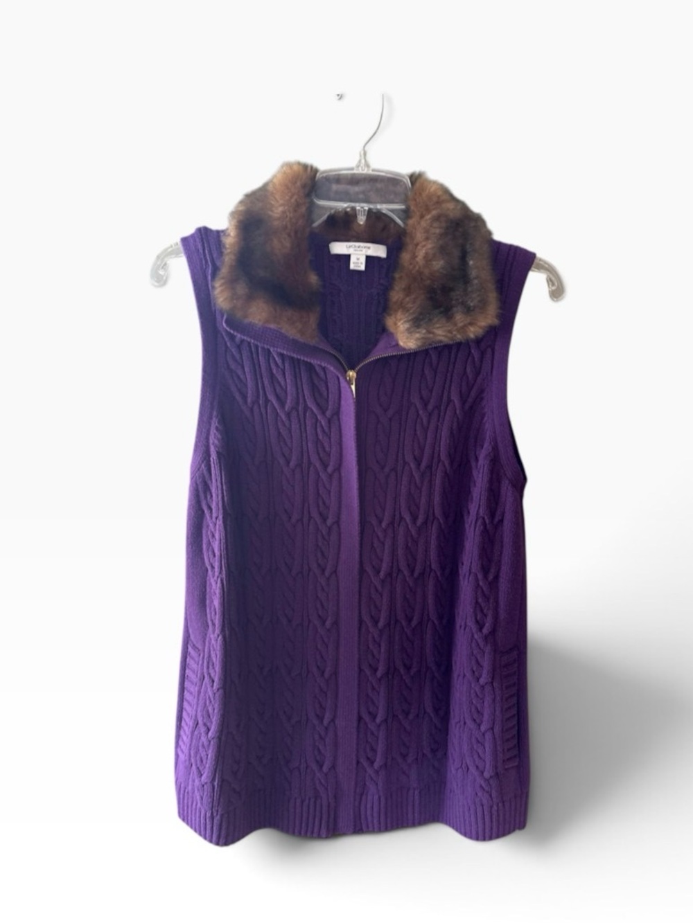 Liz Claiborne Purple Cable-Knit Sleeveless Vest with Faux-Fur Collar Size M